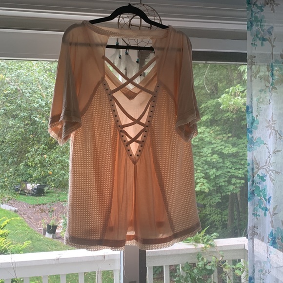 POL Studded Strappy Back V-Neck Waffle Mixed Knit Top - Shell Coral - Picture 3 of 6